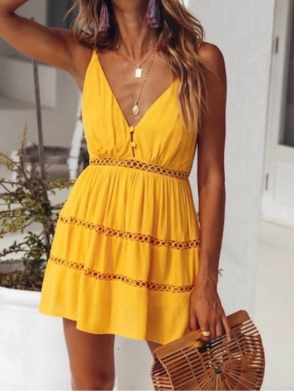 Hello Molly Sunlit Yellow V‑Neck Spaghetti Strap Mini Dress
